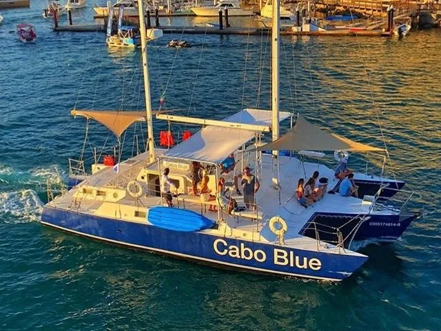 Un catamaran bleu et blanc nommé Cabo Blue transporte des passagers sur l'eau près d'une marina.